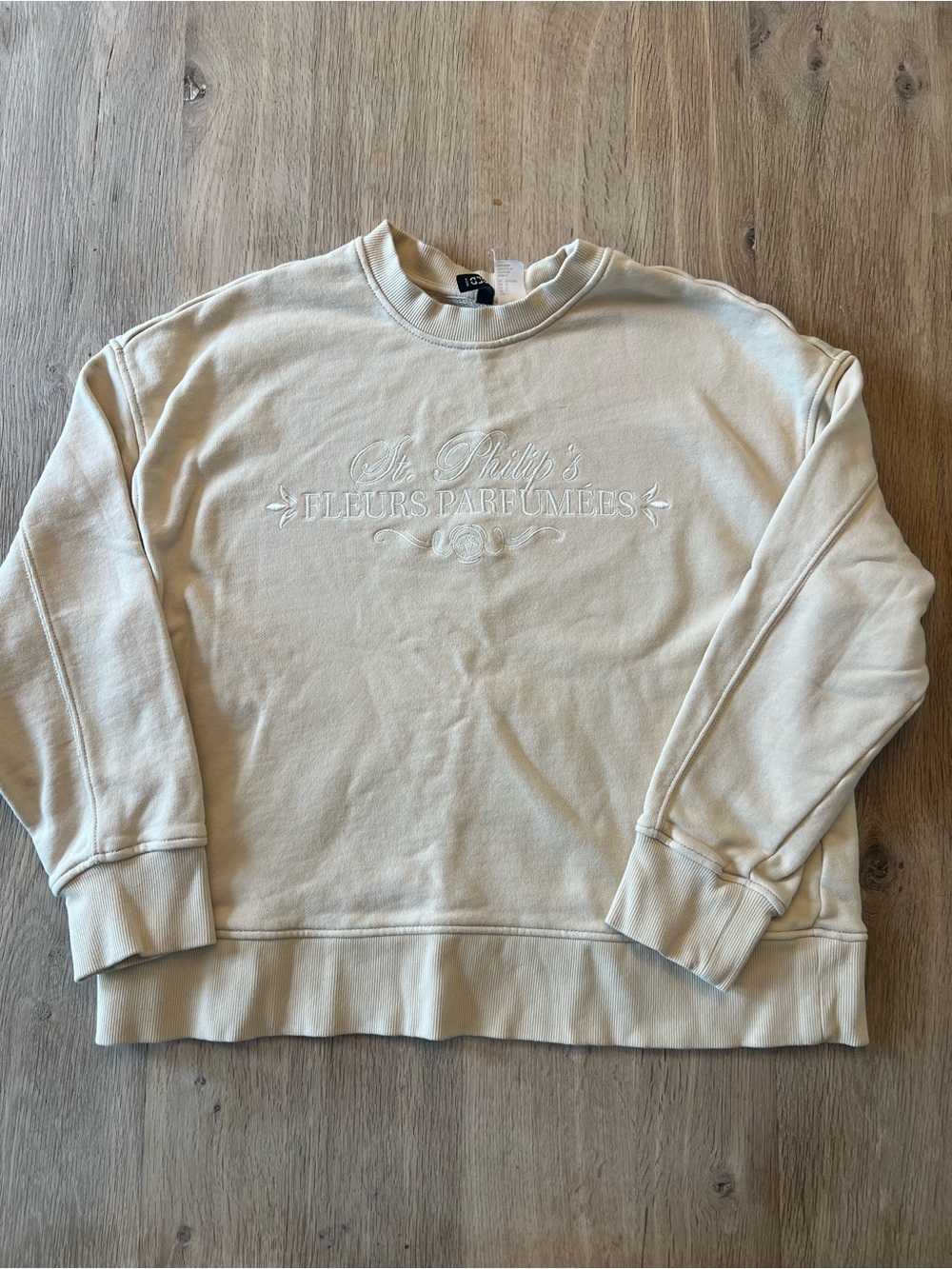 H&M Cream French Graphic Embroidered Fleece Crewneck Sweatshirt Large